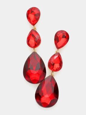 Long Triple Teardrop Dangle Red Crystal Earrings Wedding Prom Pageant